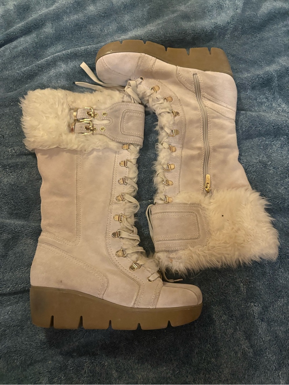 9W Vintage 90s Aldo Women’s Faux Fur Lace-Up Winter Boots - Cream